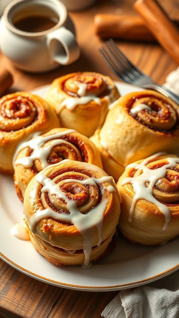 Freshly baked cinnamon rolls with glaze on a plate, set in a cozy kitchen.